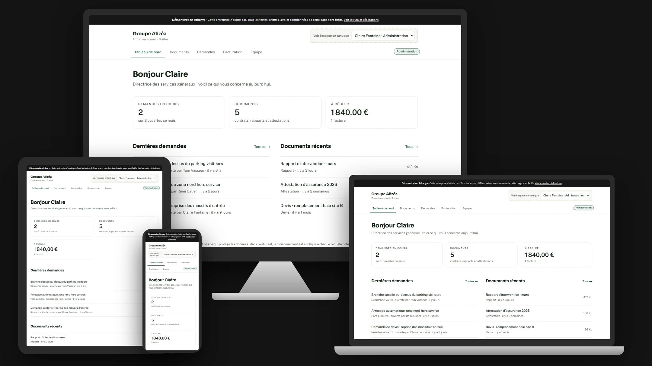 Espace client multi-comptes — écran principal